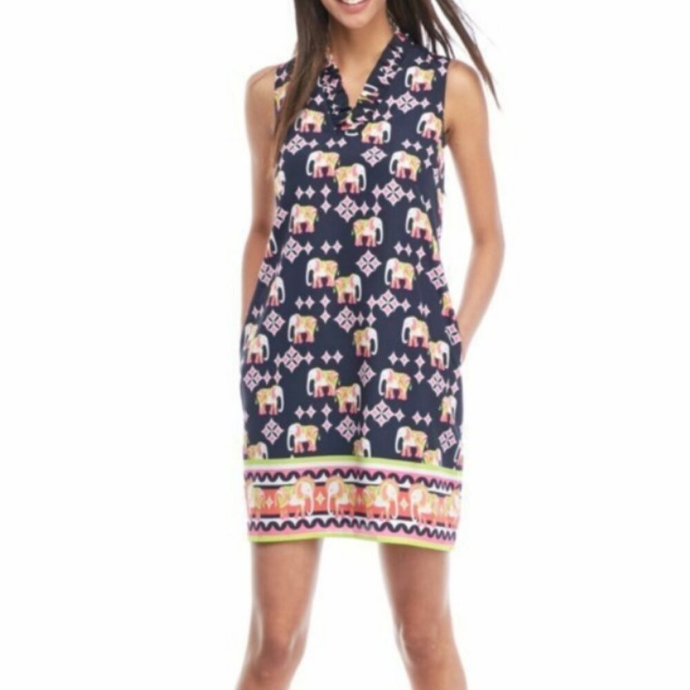 Crown & Ivy Women's Navy Elephant Print Ruffled Neck Shift Midi Dress Size 16